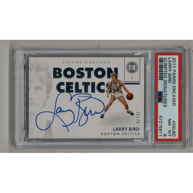 Larry Bird 2017-18 Panini Encased Scripted Signatures 25/25 PSA 8 Near Mint Mint
