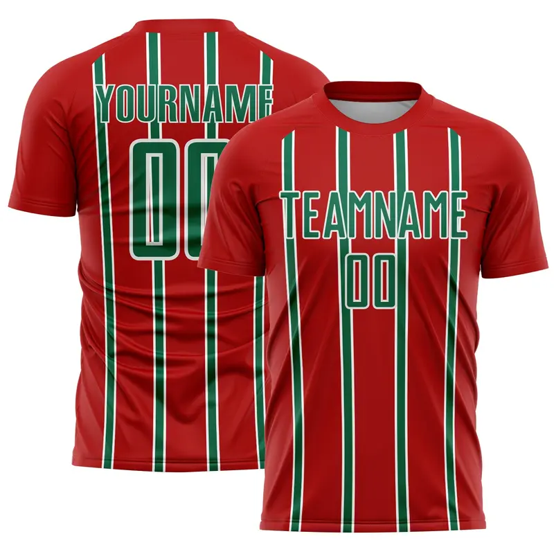 Custom Red Kelly Green-White Stripe Line Sublimation Soccer Uniform Jersey