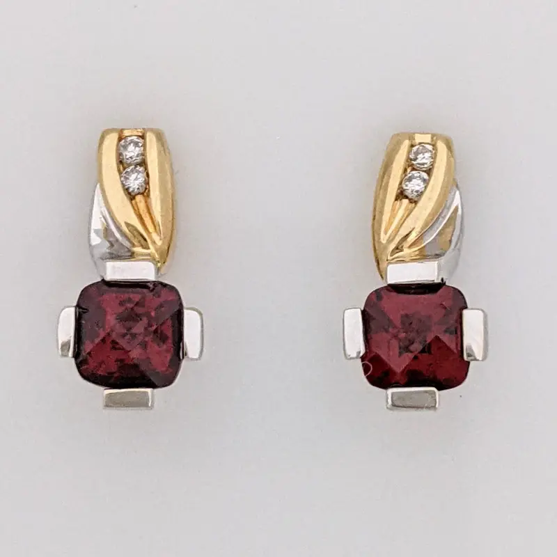 14K TWO-TONE GARNET CUSHION CUT 4MM WITH (4) MELEE ESTATE EARRINGS 2.9 GRAMS