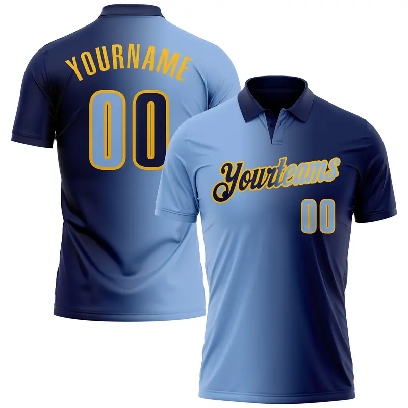 Custom Navy Light Blue-Gold 3D Gradient Fashion Performance Polo Shirt