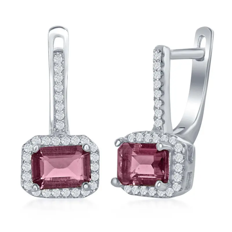 Sterling Silver Four-Prong Tourmaline CZ with CZ Border Earrings