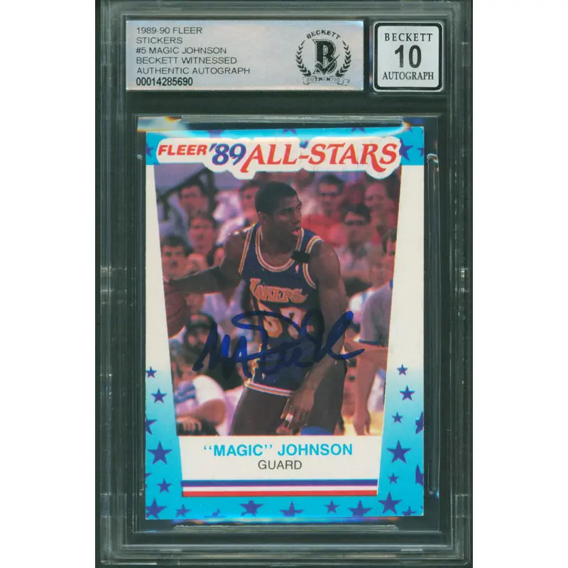 Lakers Magic Johnson Signed 1989 Fleer Stickers #5 Card Auto 10! BAS Slabbed