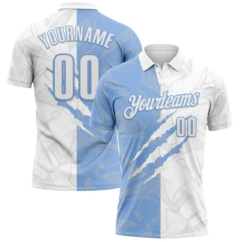 Custom Graffiti Pattern White-Light Blue 3D Scratch Performance Polo Shirt