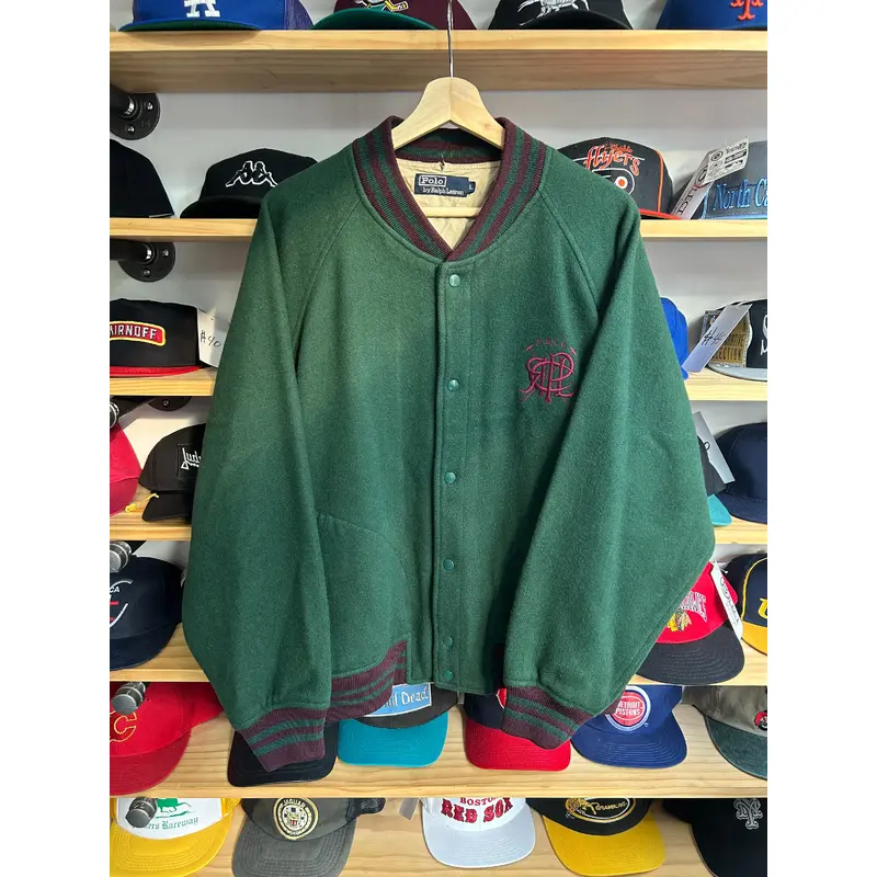 Vintage Ralph Lauren Green / Purple Wool Scribble Varsity Jacket Large