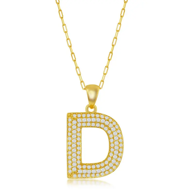 Sterling Silver Micro Pave CZ  'D'  Block Initial w/Paperclip Chain - Gold Plated