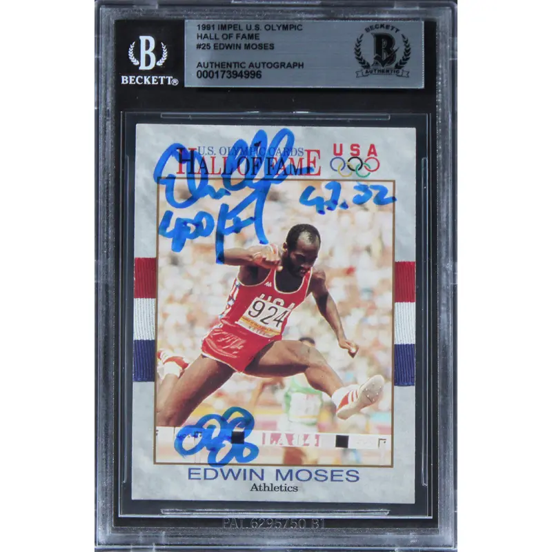 Edwin Moses "400, 47.02" Signed 1991 Impel U.S. Olympic HOF #25 Card BAS Slab