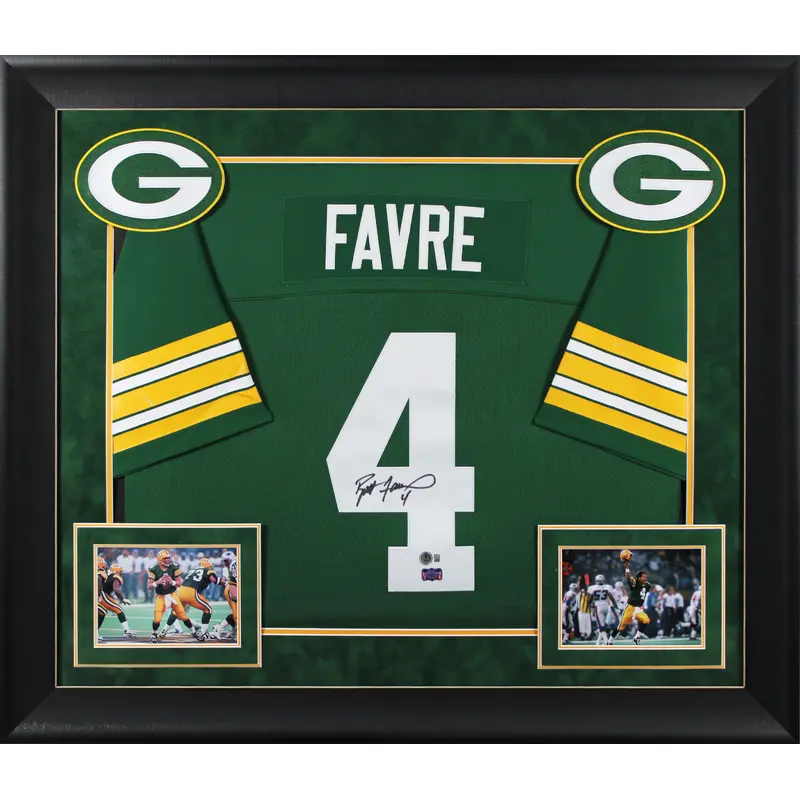 Packers Brett Favre Signed Green 1996 M&N Throwback Framed Jersey BAS Witnessed