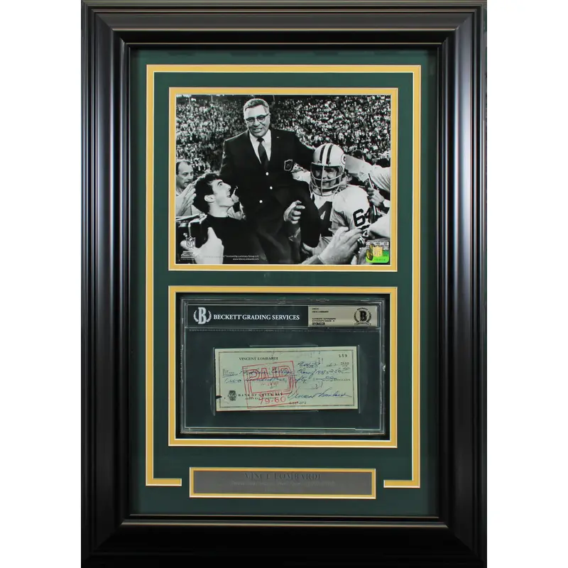 Packers Vince Lombardi Signed & Framed 2.75x6.25  1962 Check Auto 9 BAS Slabbed