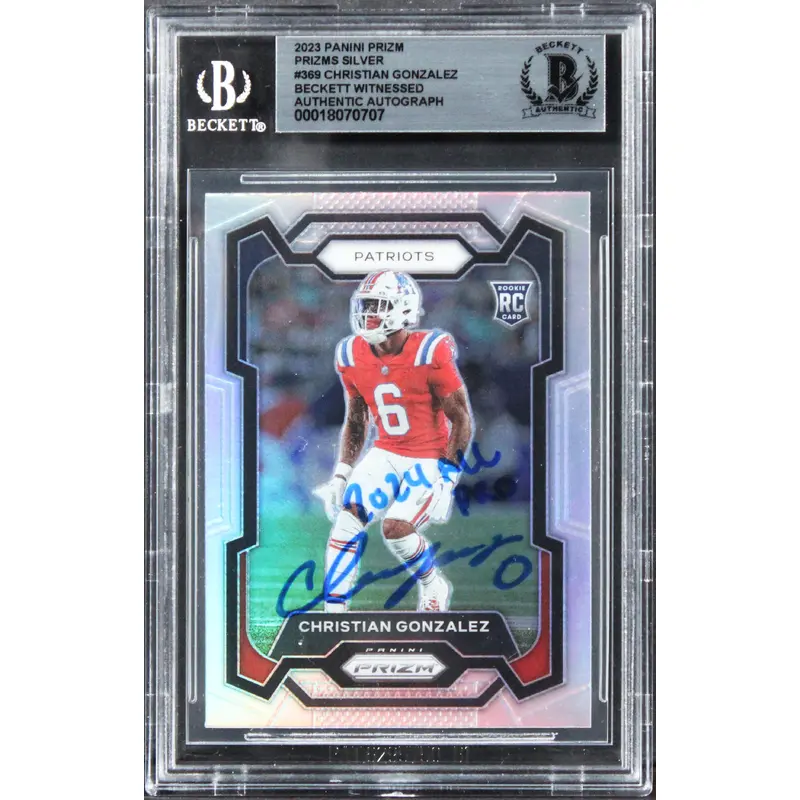 Patriots Christian Gonzalez 2024 Signed 2023 Panini Prizm Slv #369 RC BAS Slab