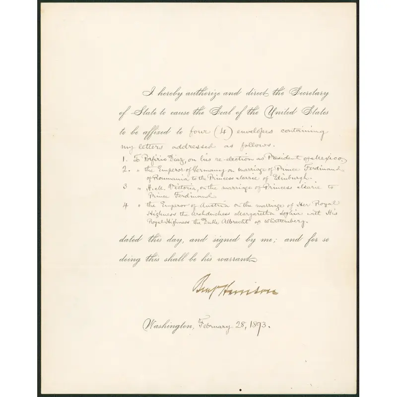 Benjamin Harrison Authentic Signed 8x10 1893 Letter Auto Graded 9! BAS #AA03945