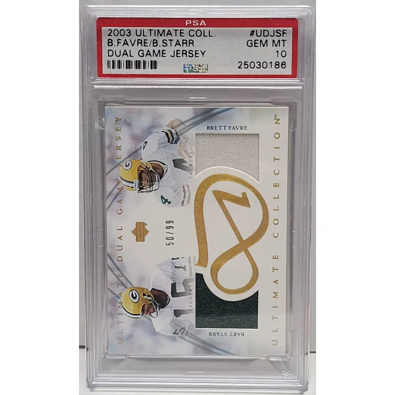 Brett Favre + Bart Starr 2003 Upper Deck Ultimate Dual Jersey #50/99 PSA 10 Gem Mint