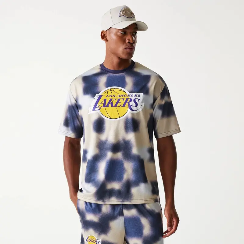 LA Lakers NBA All Over Print Cream Oversized T-Shirt