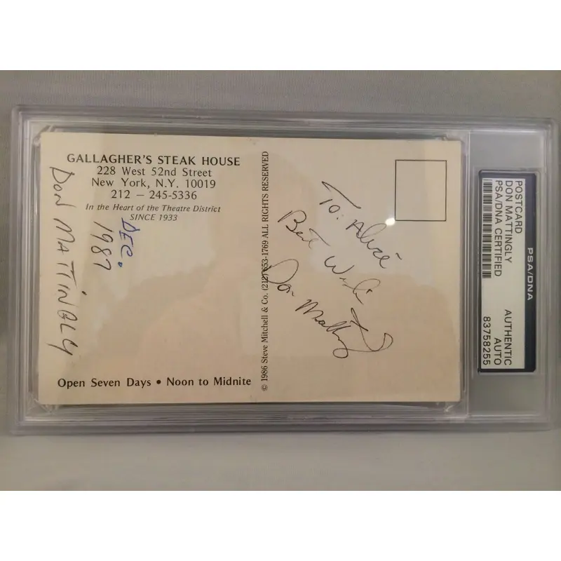 Rare Don Mattingly Signed Vintage Gallagher's Steak House Post Card PSA DNA Auto