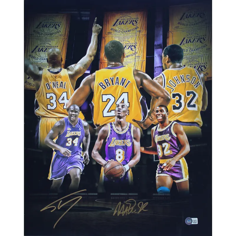 Lakers Magic Johnson & Shaquille O'Neal Signed 16x20 Photo BAS Witness #WP80675