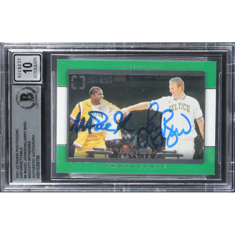 Magic Johnson & Larry Bird Signed '21 Panini Photogenic #9 Card Auto 10 BAS Slab