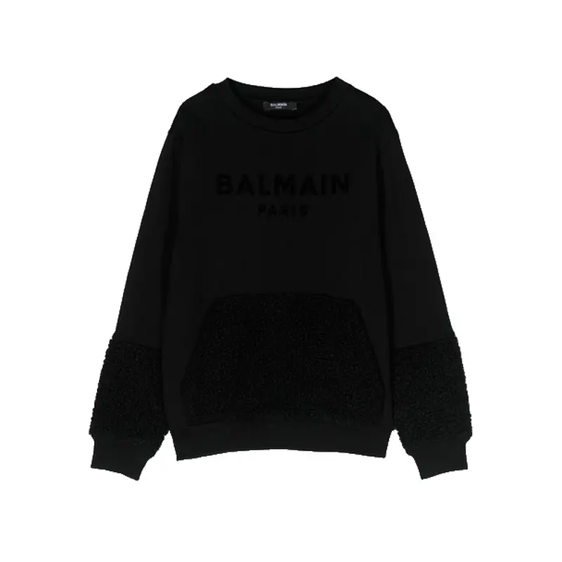 BALMAIN LOGO SWEATHSIRT W/FUZZY KANGA POCKET BLK BT4P40 930
