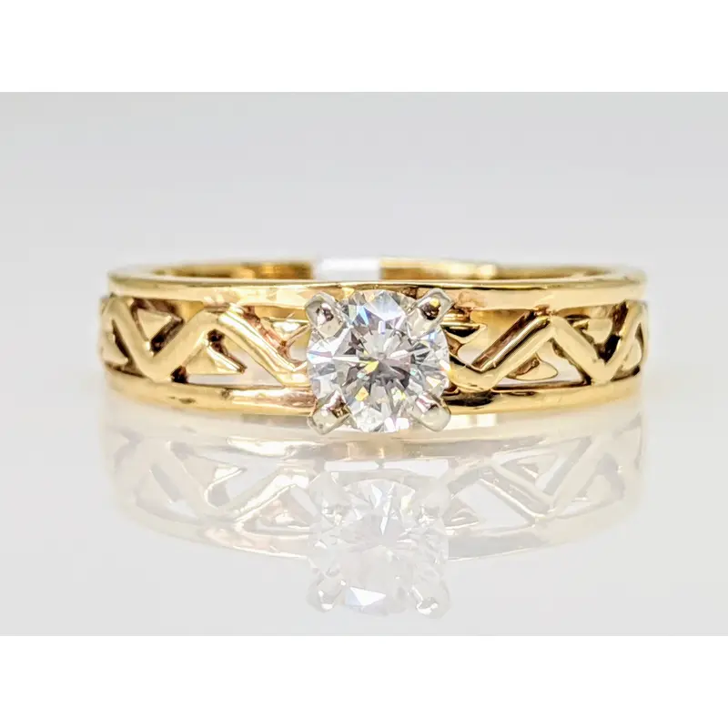 14K .30 CARAT TOTAL I1 H DIAMOND ROUND AZTEC DESIGN SOLITAIRE ESTATE RING 2.2 GRAMS