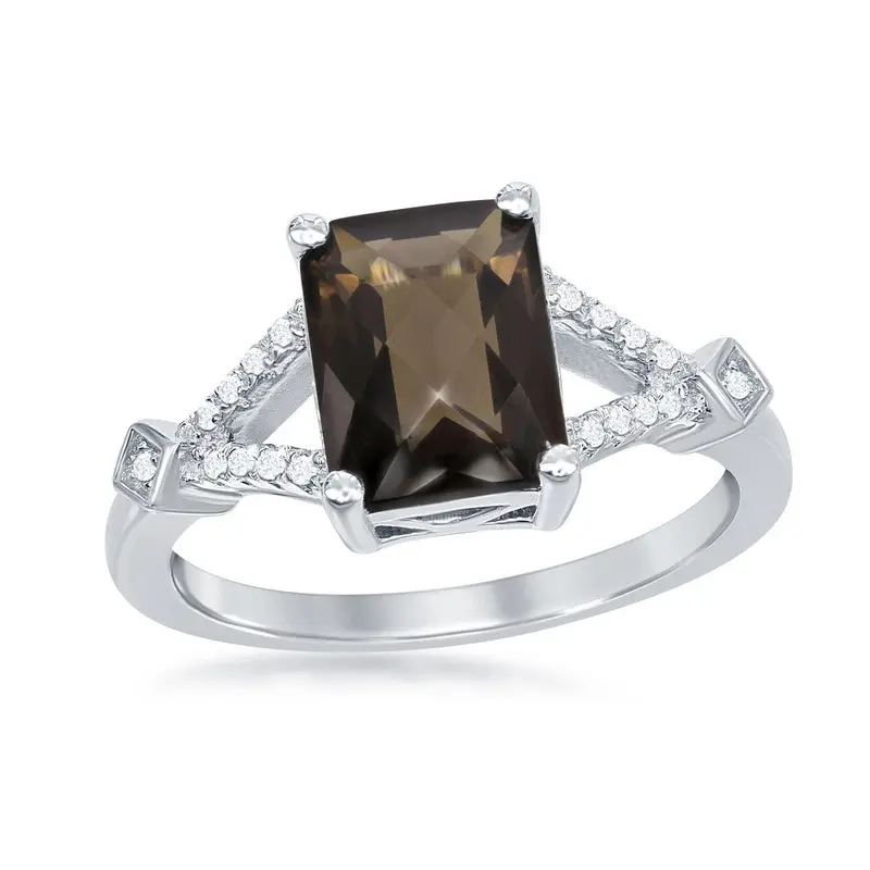Sterling Silver 2.346 ct Octagon Smoky Quartz with .144 ct White Topaz Ring
