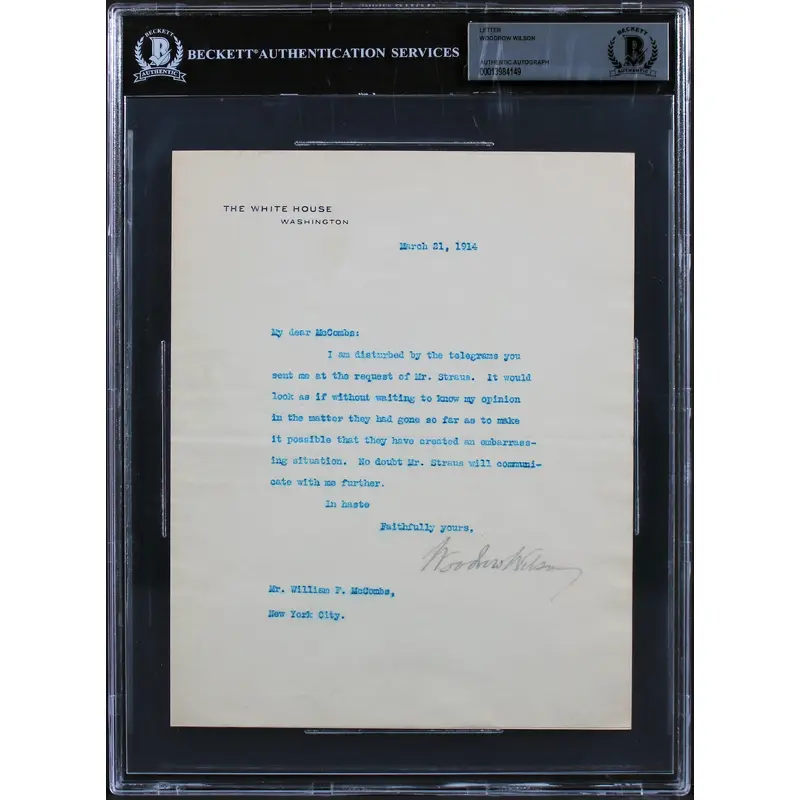 Woodrow Wilson Signed 7x8.75 1914 Letter On White House Letterhead BAS Slab