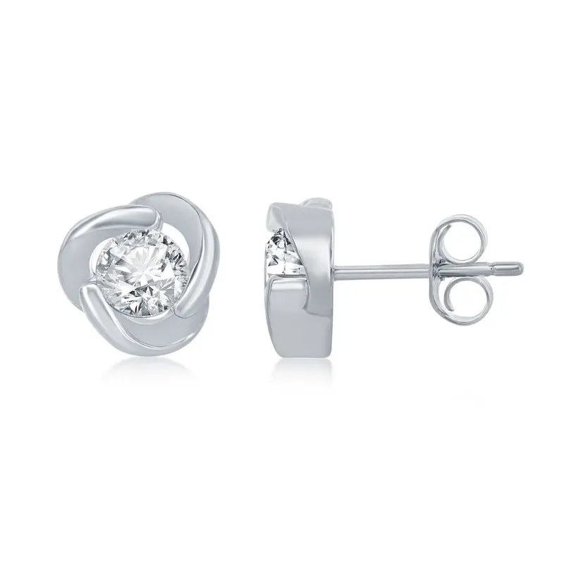 Sterling Silver Round CZ Love Knot Stud Earrings